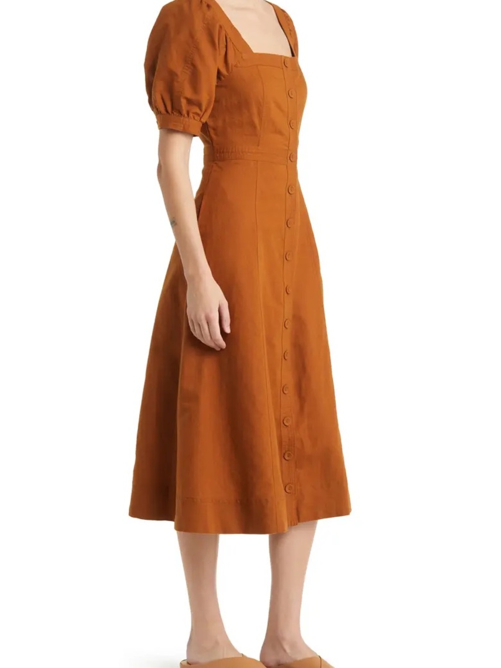 Rust Button-Front Midi Dress with Puff Sleeves size 14